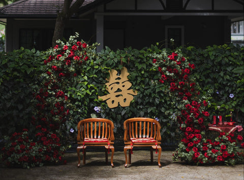 Chinese Wedding Tea Ceremony Backdrop with Red Floral Arch