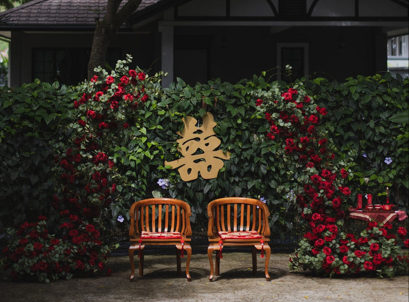 Chinese Wedding Tea Ceremony Backdrop with Red Floral Arch
