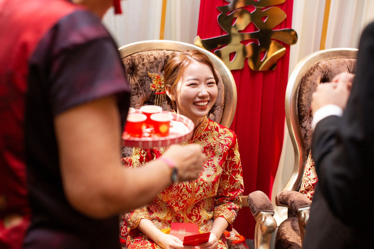 Chinese wedding tea ceremony setup decorated in a restaurant