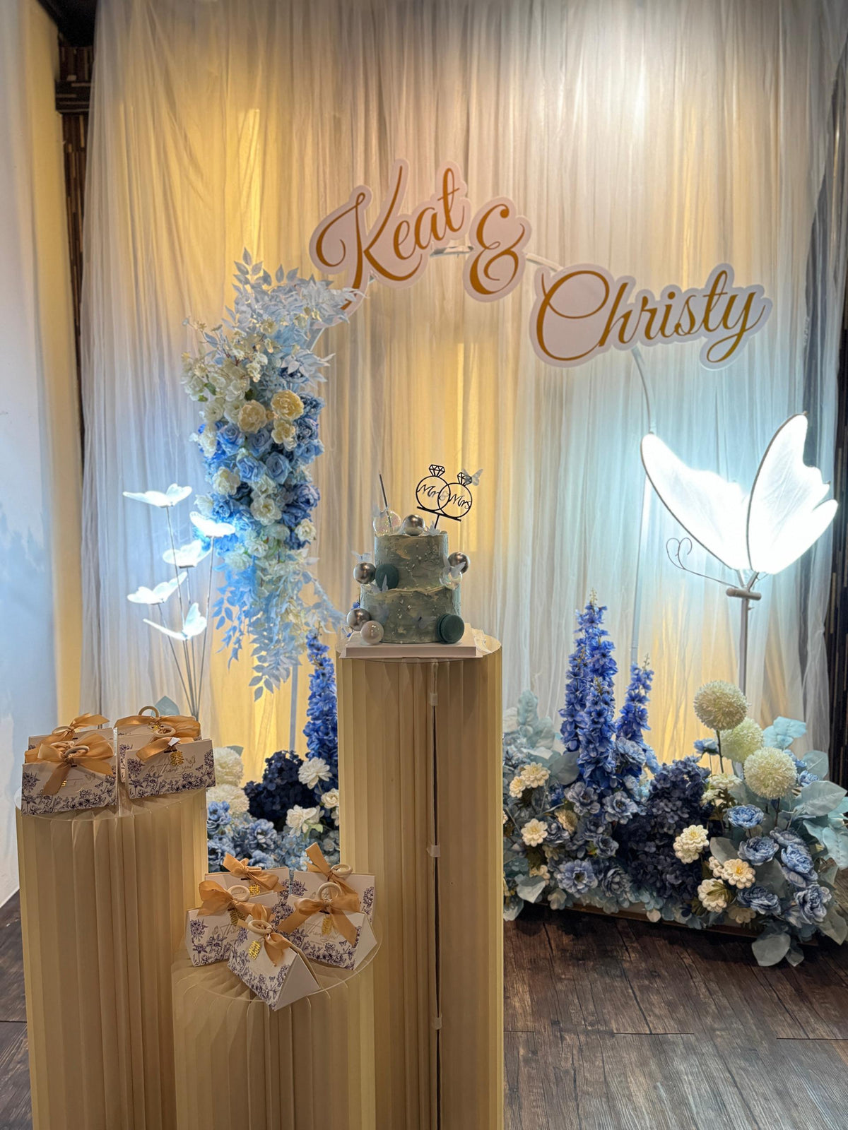 Luxurious wedding backdrop with layered floral design